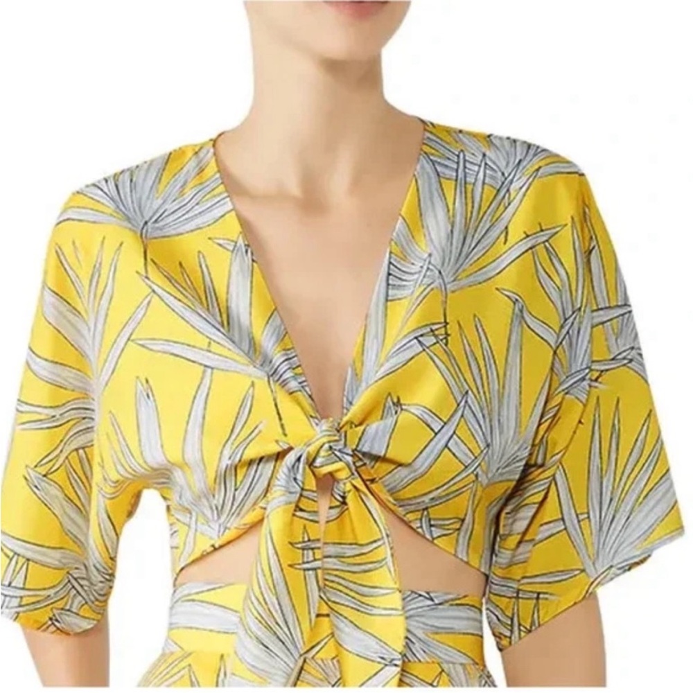 HUTCH Yellow Palm Leaf Tie Front Cropped Top